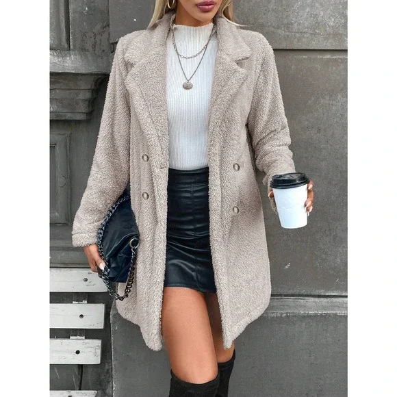 minimalist Double Breasted Lapel collar ribbed knit teddy Coat - Picture 11 of 11